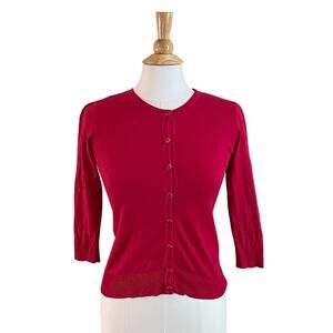 Cotton Blend Lightweight 3/4 Sleeve Red / Pink Crew Neck Cardigan Sweater, XS